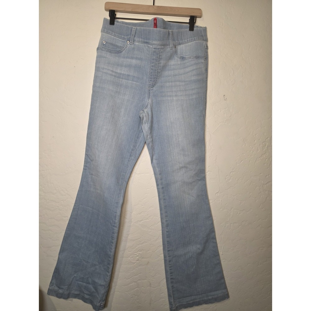 Spanx Flare Jeans Womens Large Blue Pull-On High Rise Stretch Denim Shaping Fit